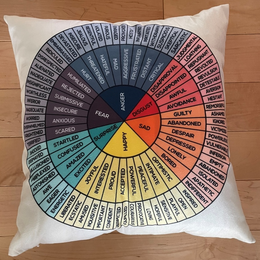 Emotiona Wheel on a throw pillow provides support in more way than one.